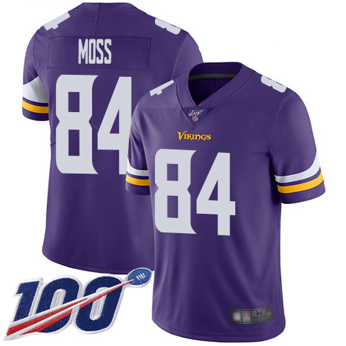 Vikings #84 Randy Moss Purple Team Color Men's Stitched Football 100th Season Vapor Limited Jersey