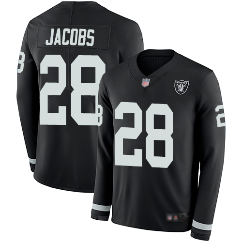 Nike Raiders #28 Josh Jacobs Black Team Color Men's Stitched NFL Limited Therma Long Sleeve Jersey