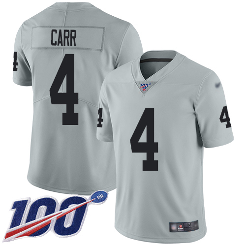 Raiders #4 Derek Carr Silver Men's Stitched Football Limited Inverted Legend 100th Season Jersey