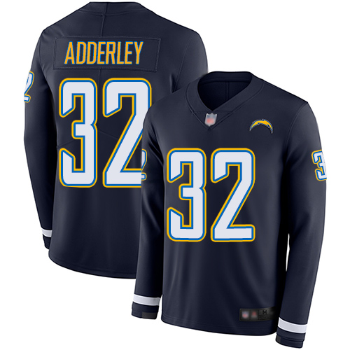 Chargers #32 Nasir Adderley Navy Blue Team Color Men's Stitched Football Limited Therma Long Sleeve Jersey