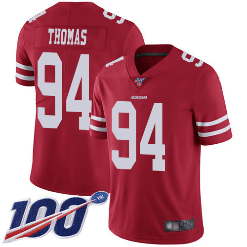 49ers #94 Solomon Thomas Red Team Color Men's Stitched Football 100th Season Vapor Limited Jersey