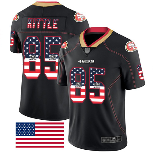 49ers #85 George Kittle Black Men's Stitched Football Limited Rush USA Flag Jersey