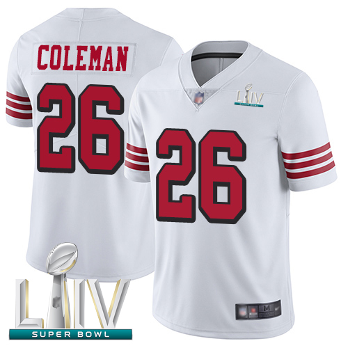 49ers #26 Tevin Coleman White Rush Super Bowl LIV Bound Men's Stitched Football Vapor Untouchable Limited Jersey