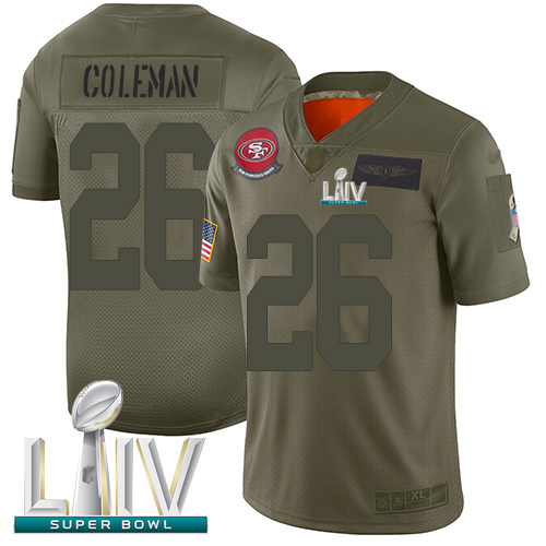 49ers #26 Tevin Coleman Camo Super Bowl LIV Bound Men's Stitched Football Limited 2019 Salute To Service Jersey