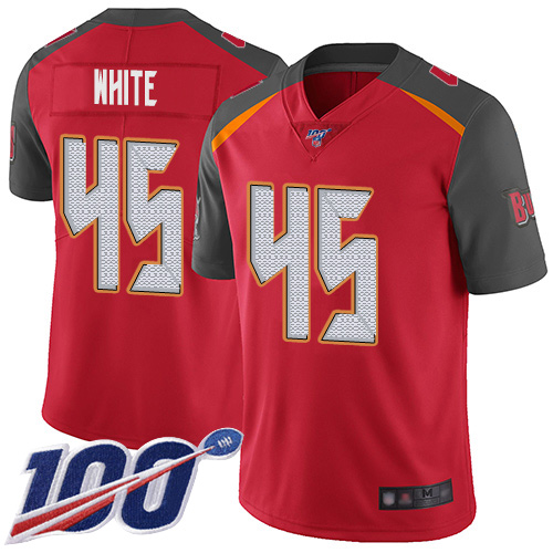 Buccaneers #45 Devin White Red Team Color Men's Stitched Football 100th Season Vapor Limited Jersey