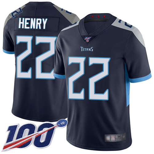 Titans #22 Derrick Henry Navy Blue Team Color Men's Stitched Football 100th Season Vapor Limited Jersey