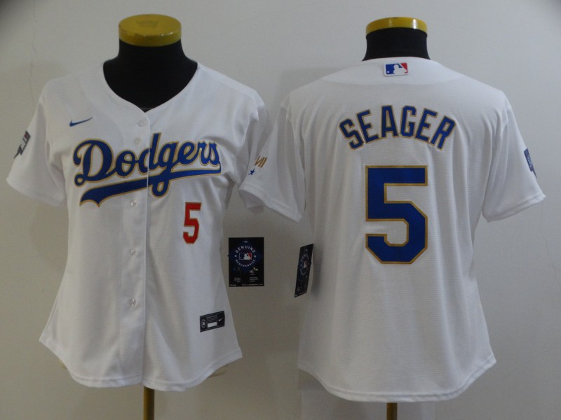 Women's Los Angeles Dodgers #5 Corey Seager Nike 2021 White Gold Championship Program Jersey