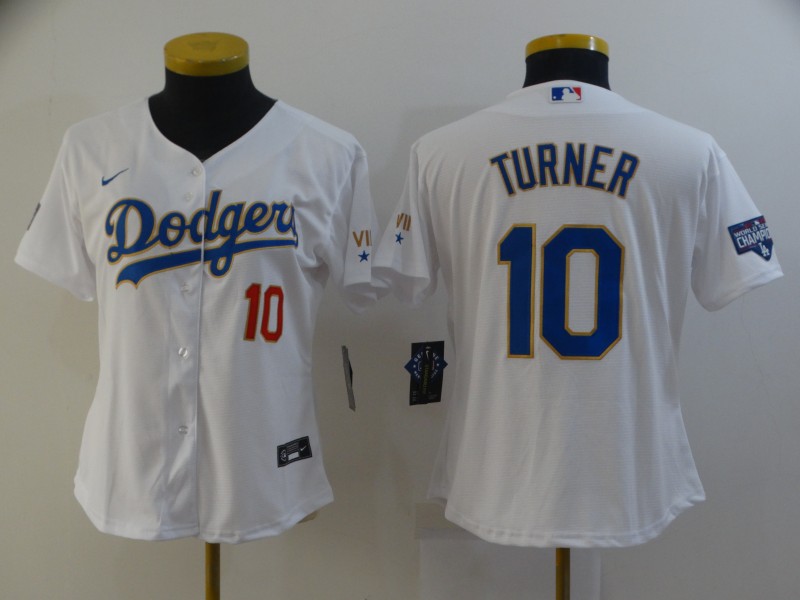 Women's Los Angeles Dodgers #10 Justin Turner Nike 2021 White Gold Championship Program Jersey