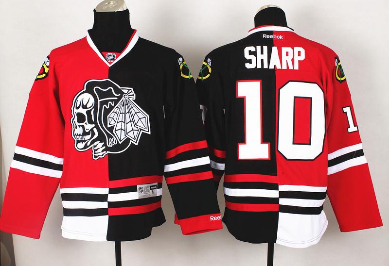 Chicago Blackhawks 10 Patrick Sharp White Skull Logo Fashion Black Red Split NHL Jerseys