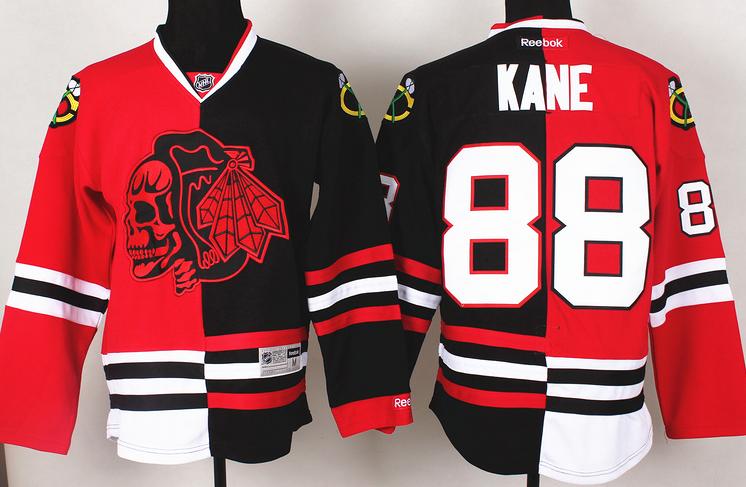 Chicago Blackhawks 88 Patrick Kane Red Skull Logo Fashion Black Red Split NHL Jerseys