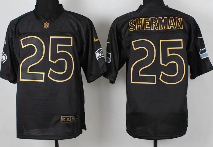 Nike Seattle Seahawks 25 Richard Sherman 2014 PRO Gold Lettering Fashion Black NFL Jerseys