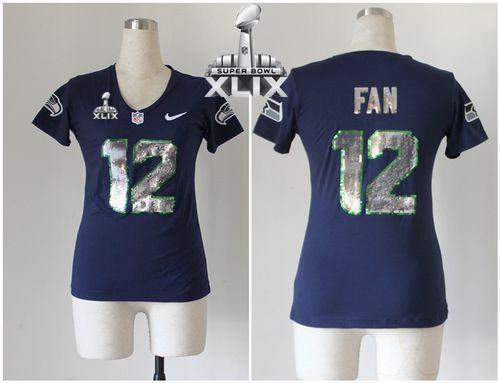 Women's Nike Seahawks #12 Fan Steel Blue Team Color Super Bowl XLIX Stitched NFL Elite Handwork Sequin Lettering Jersey