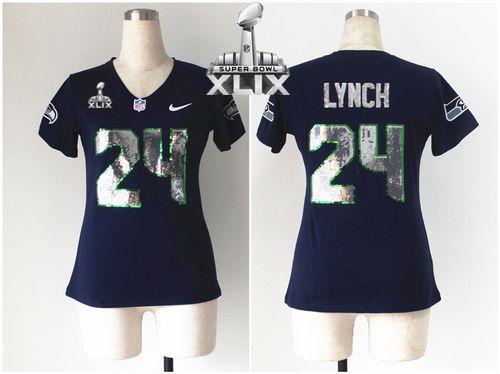 Women's Nike Seahawks #24 Marshawn Lynch Steel Blue Team Color Super Bowl XLIX Stitched NFL Elite Handwork Sequin Lettering Jersey