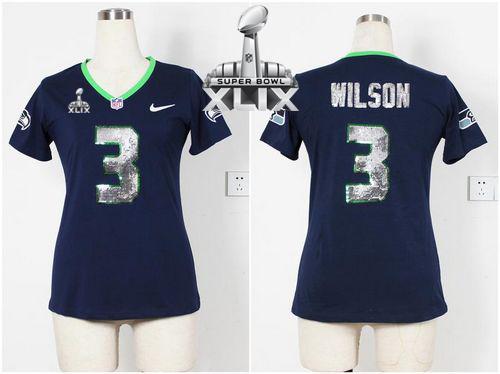 Women's Nike Seahawks #3 Russell Wilson Steel Blue Team Color Handwork Sequin Lettering Super Bowl XLIX Stitched NFL Elite Jersey
