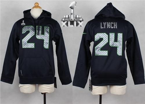 Youth Nike Seahawks #24 Marshawn Lynch Steel Blue Super Bowl XLIX Player NFL Hoodie