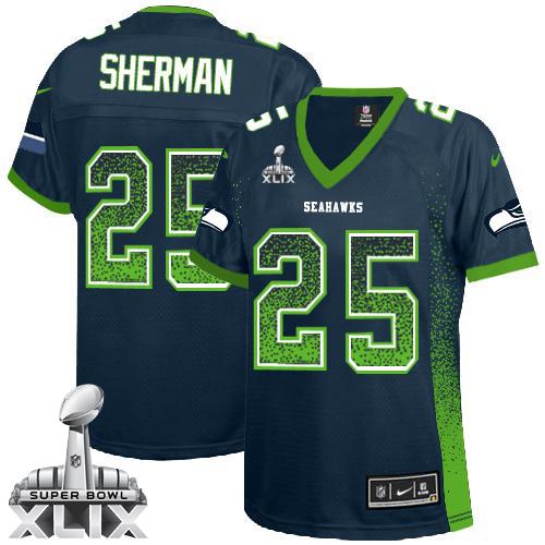Women's Nike Seahawks #25 Richard Sherman Steel Blue Team Color Super Bowl XLIX Stitched NFL Elite Drift Fashion Jersey