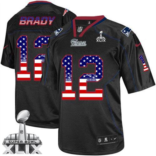 Nike Patriots #12 Tom Brady Black Super Bowl XLIX Men's Stitched NFL Elite USA Flag Fashion Jersey