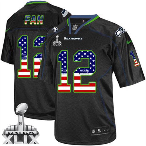 Nike Seahawks #12 Fan Black Super Bowl XLIX Men's Stitched NFL Elite USA Flag Fashion Jersey
