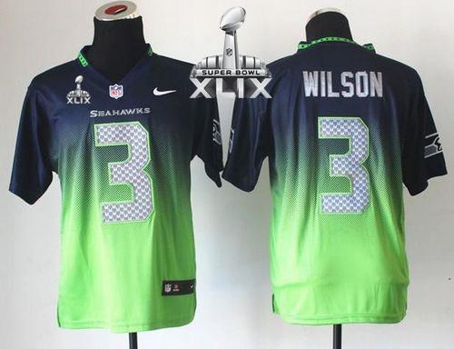 Nike Seahawks #3 Russell Wilson Steel Blue Green Super Bowl XLIX Men's Stitched NFL Elite Fadeaway Fashion Jersey