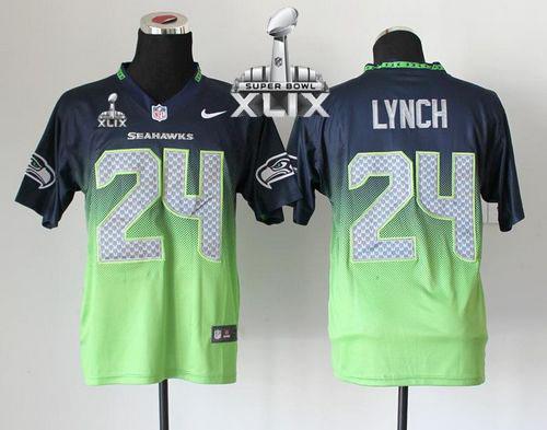 Nike Seahawks #24 Marshawn Lynch Steel Blue Green Super Bowl XLIX Men's Stitched NFL Elite Fadeaway Fashion Jersey