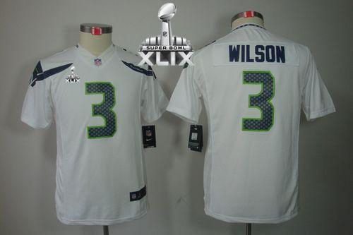 Youth Nike Seahawks #3 Russell Wilson White Super Bowl XLIX Stitched NFL Limited Jersey