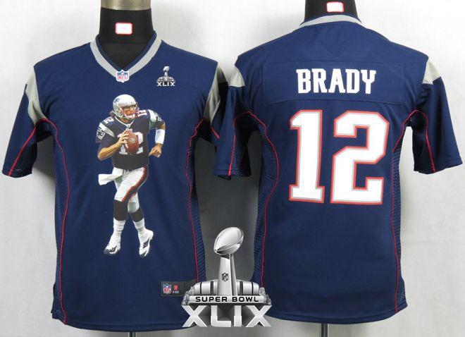 Youth Nike Patriots #12 Tom Brady Navy Blue Team Color Super Bowl XLIX Portrait Fashion NFL Game Jersey