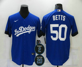 Men's Los Angeles Dodgers #50 Mookie Betts Blue #2 #20 Patch City Connect Cool Base Stitched Jersey