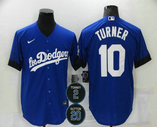 Men's Los Angeles Dodgers #10 Justin Turner Blue #2 #20 Patch City Connect Cool Base Stitched Jersey