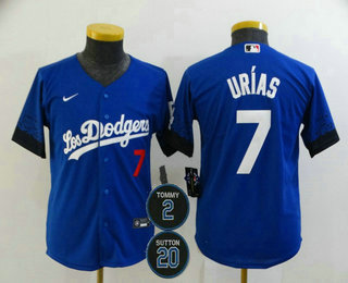 Youth Los Angeles Dodgers #7 Julio Urias Blue #2 #20 Patch City Connect Number Cool Base Stitched Jersey