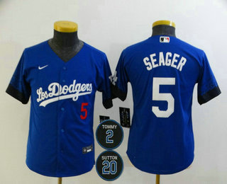 Youth Los Angeles Dodgers #5 Corey Seager Blue #2 #20 Patch City Connect Number Cool Base Stitched Jersey