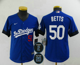 Youth Los Angeles Dodgers #50 Mookie Betts Blue #2 #20 Patch City Connect Number Cool Base Stitched Jersey