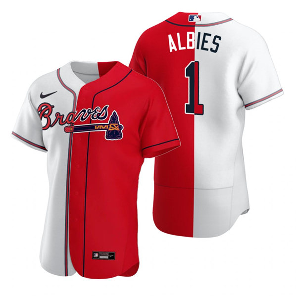 Mens Atlanta Braves #1 Ozzie Albies Nike White Red Split Split Two-Tone Jersey