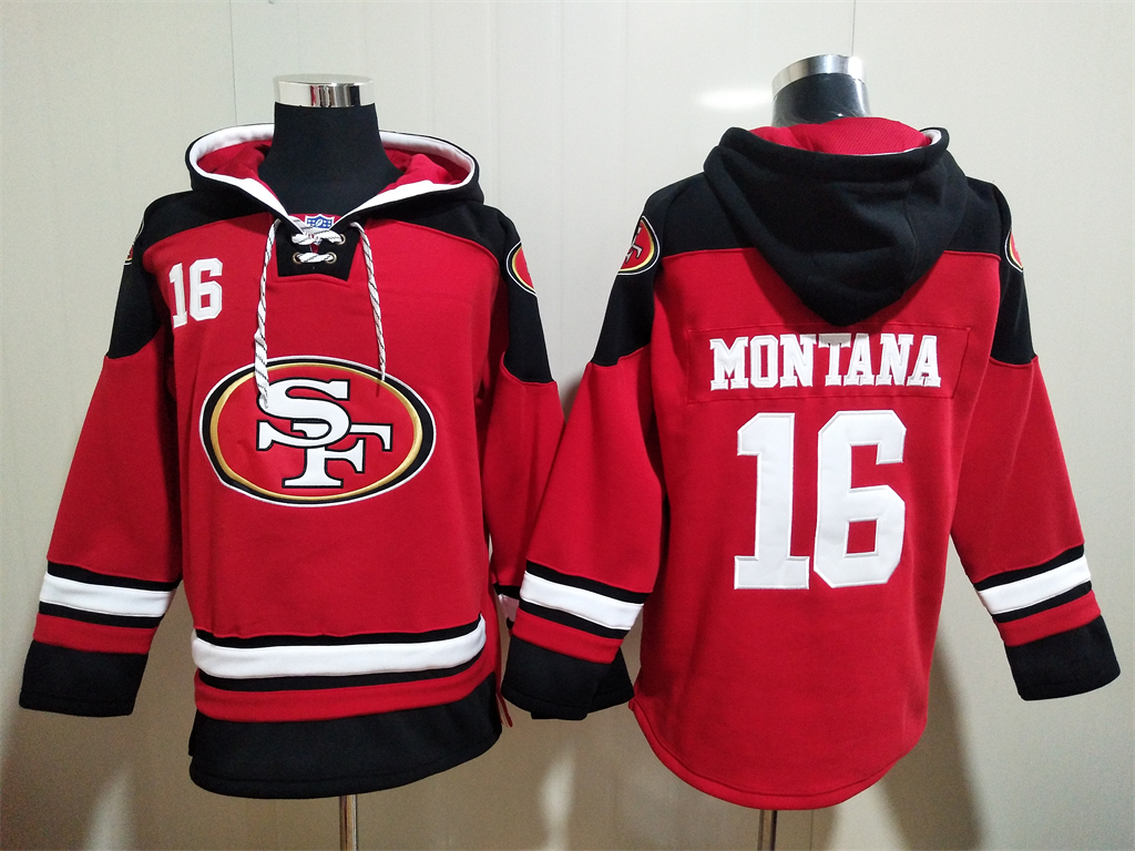 Men's San Francisco 49ers #16 Joe Montana Red Team Color New NFL Hoodie