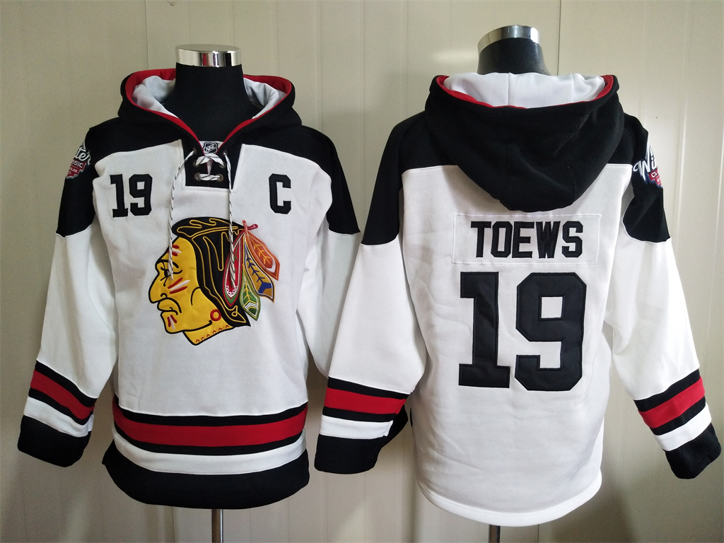 Men's Chicago Blackhawks #19 Jonathan Toews White Ageless Must Have Lace Up Pullover Hoodie