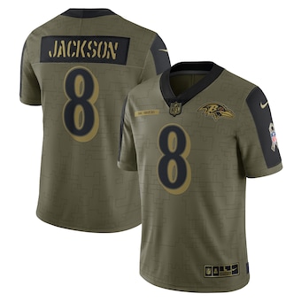 Men's Baltimore Ravens #8 Lamar Jackson Nike Olive 2021 Salute To Service Limited Player Jersey