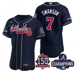 Men's Navy Atlanta Braves #7 Dansby Swanson 2021 World Series Champions With 150th Anniversary Flex Base Stitched Jersey