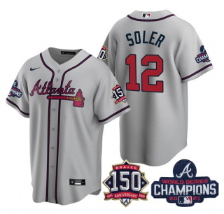 Men's Grey Atlanta Braves #12 Jorge Soler 2021 World Series Champions With 150th Anniversary Patch Cool Base Stitched Jersey