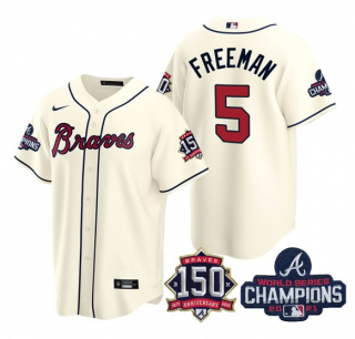 Men's Cream Atlanta Braves #5 Freddie Freeman 2021 World Series Champions With 150th Anniversary Patch Cool Base Stitched Jersey
