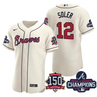 Men's Cream Atlanta Braves #12 Jorge Soler 2021 World Series Champions With 150th Anniversary Flex Base Stitched Jersey