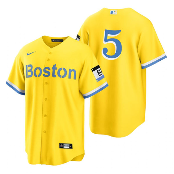 Men's Boston Red Sox #5 Kike Hernandez Yellow 2021 Nike MLB City Connect Jersey