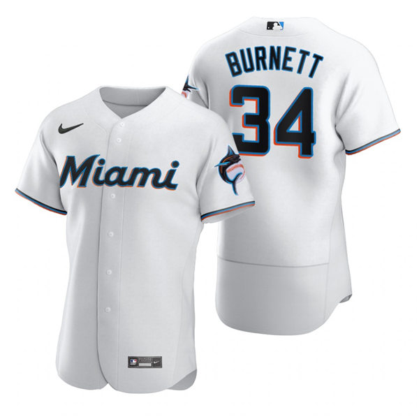 Men's Miami Marlins Retired Player #34 A.J. Burnett Nike White Home Flex Base Jersey