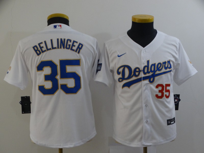 Women's Los Angeles Dodgers #35 Cody Bellinger Nike 2021 White Gold Championship Program Jersey