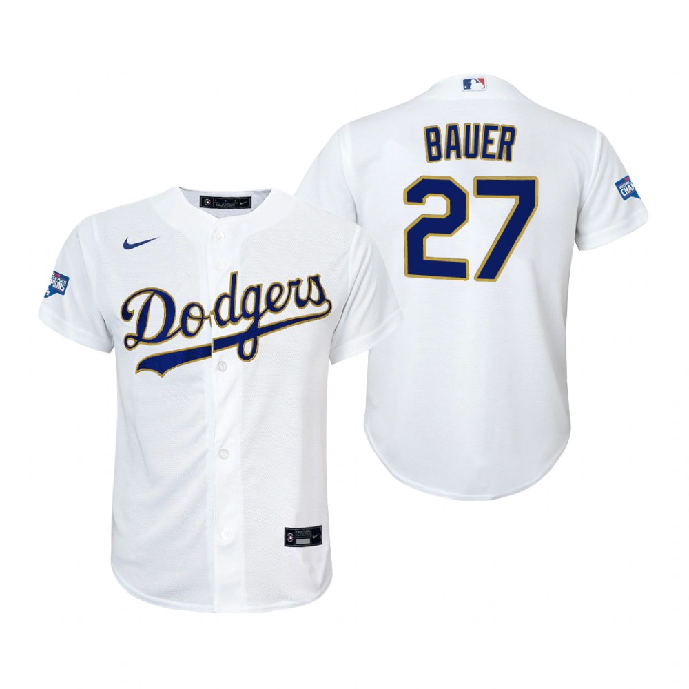 Women's Los Angeles Dodgers #27 Trevor Bauer Nike 2021 White Gold Championship Program Jersey