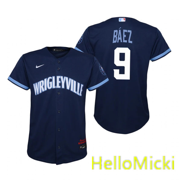 Youth Chicago Cubs #9 Javier Baez Nike Navy 2021 City Connect Jersey