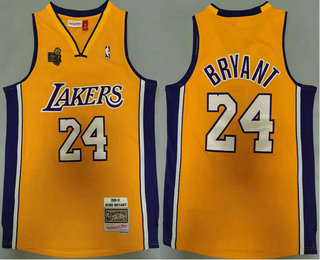 Men's Los Angeles Lakers #24 Kobe Bryant Yellow Champion Patch 2009-10 Hardwood Classics Soul Swingman Throwback Jersey