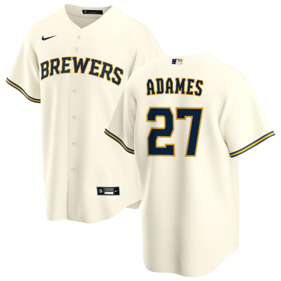 Men's Milwaukee Brewers #27 Willy Adames Nike Cream Home CoolBase Jersey