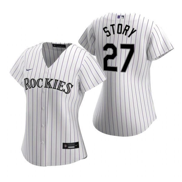 Womens Colorado Rockies #27 Trevor Story Nike White Pinstripe Stitched MLB Cool Base Home Jersey