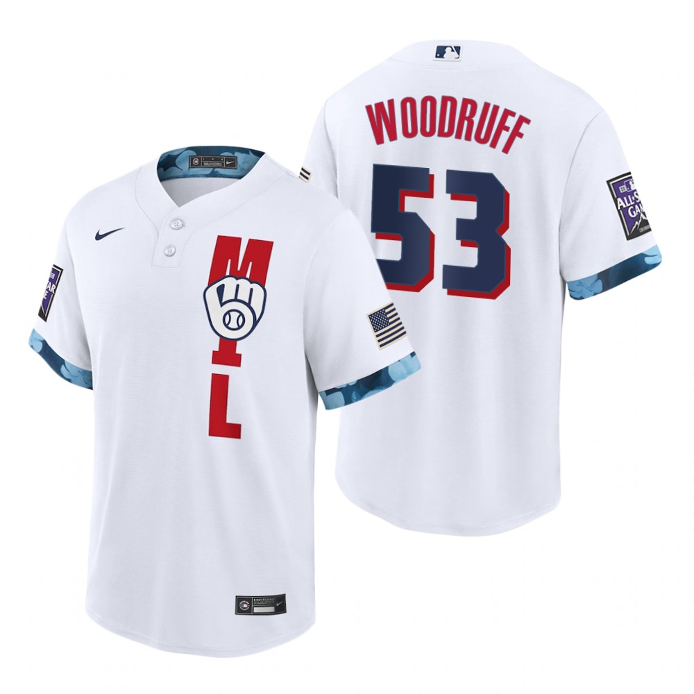 Mens Milwaukee Brewers #53 Brandon Woodruff Nike White Stitched 2021 MLB All-Star Game Jersey