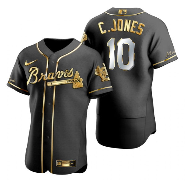 Mens Atlanta Braves Retired Player #10 Chipper Jones Nike Black Golden Edition Stitched Jersey
