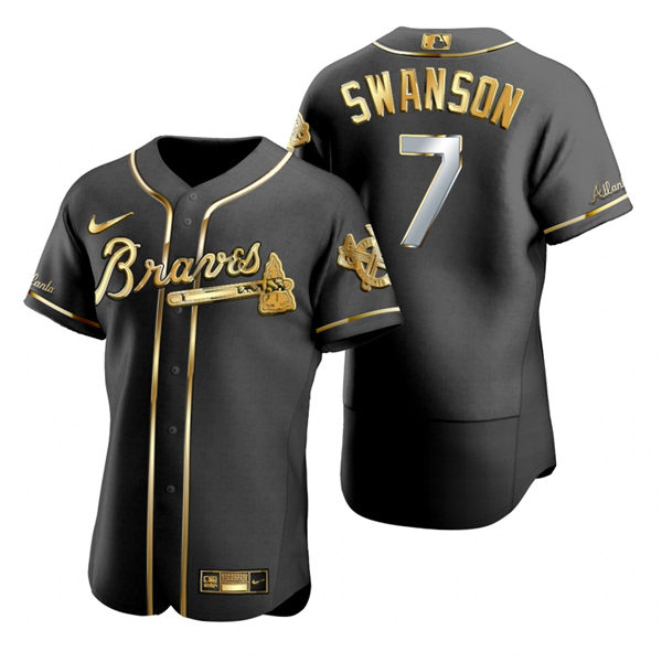 Mens Atlanta Braves #7 Dansby Swanson Nike Black Golden Edition Stitched Jersey